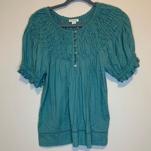 Sundance Teal Smocked Button-Front Peasant Cottagecore Blouse Size Small